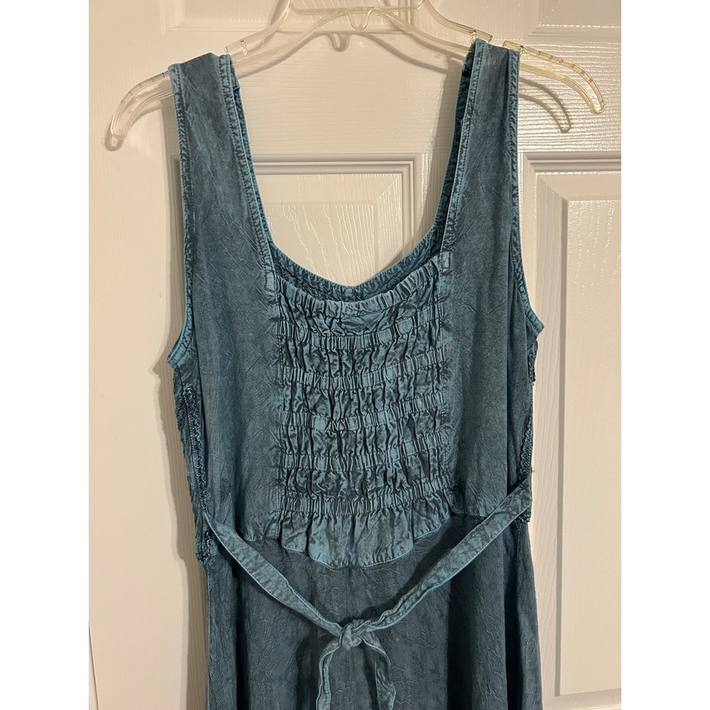 Advance Apparels Teal Blue Embroidered Boho Midi Dress Smocked Back Rayon L XL - Picture 8 of 9